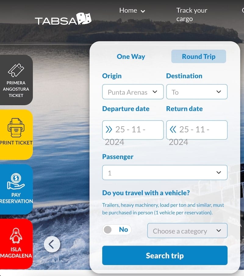 Screenshot from TABSA's website where you can book a Magdalena Island penguin ferry